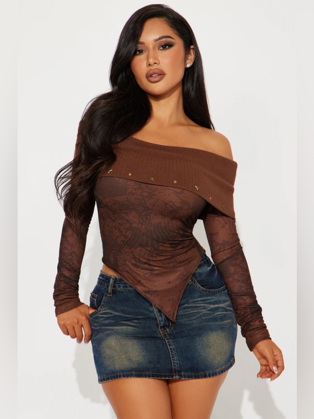 Fashion Nova Brown Off-Shoulder Long Sleeve Tunic with Pointed Hem